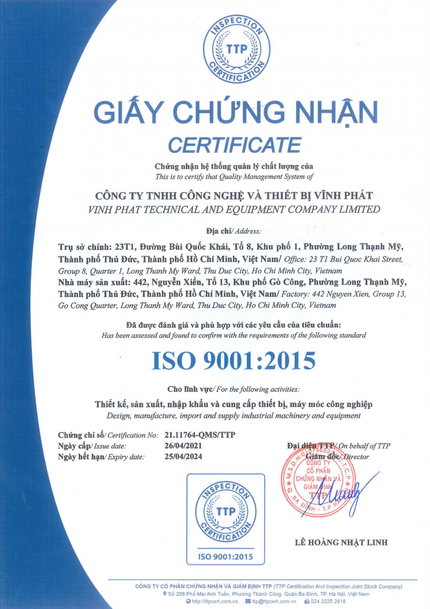 Công ty TNHH Công Nghệ Và Thiết Bị Vĩnh Phát được chứng nhận ISO9001:2015